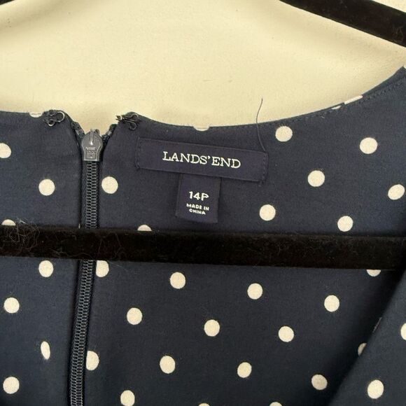 Lands End Women’s 14P Navy Blue White Polka Dot Faux Wrap Dress - Picture 2 of 5